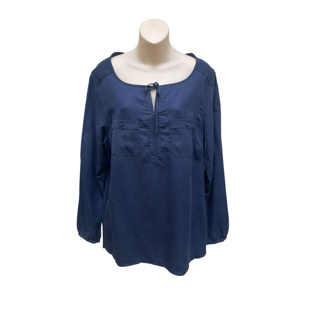 NWT Eddie Bauer Large Navy Tencel Lyocell Blouse Long Sleeve Casual Top
